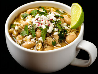 White chicken chili garnished with cilantro, cotija cheese and lime in white bowl