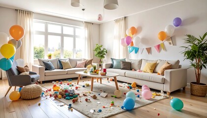 Messy living room after birthday party.