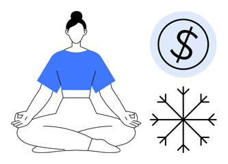 Calm seated woman in meditation, dollar icon, snowflake element symbolizing wealth, mindfulness, serenity. Ideal for financial planning, stress relief, self-care, wellness mental health relaxation