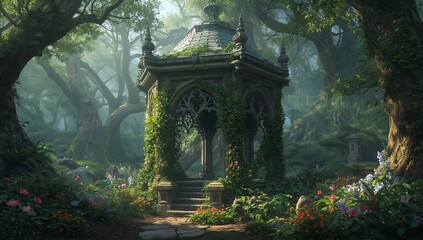 Fototapeta premium An enchanted stone gazebo with gothic arches hidden deep within a mystical, overgrown fantasy forest with blooming wildflowers
