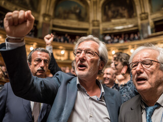 Politicians raising fists and shouting in parliament building
