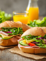 Delicious sandwiches with ham, cheese and fresh vegetables served with orange juice