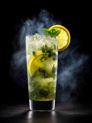 Smoking green cocktail with lemon and mint on black background