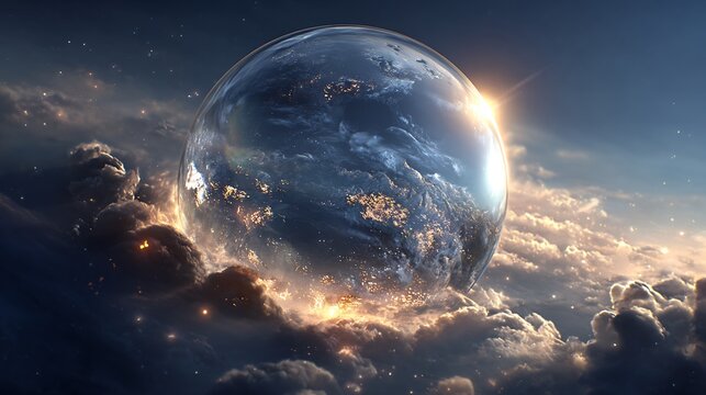 Earth Globe with Sunrise, Clouds, Space, and Fantasy.