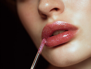 Obraz premium Close-up of a woman applying shiny pink lip gloss