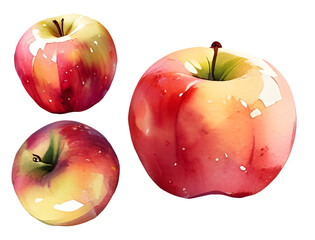 Hand painted watercolor apple set illustration, isolated botanical PNG, organic fresh fruit clipart, red and green apple design with transparent background for recipe, packaging, and home decor