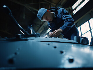 Mechanical engineer working on a heavy military tank in a factory