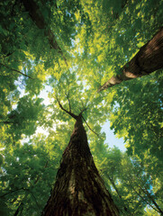 Naklejka premium Sunlight filtering through green leaves in forest canopy
