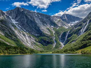 Waterfalls flowing into bondhusvatnet lake near folgefonna glacier in norway