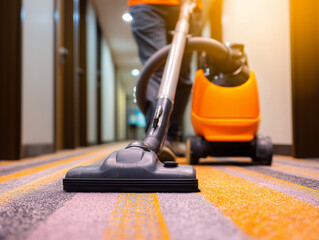 Janitor cleaning carpet with vacuum cleaner in hotel corridor