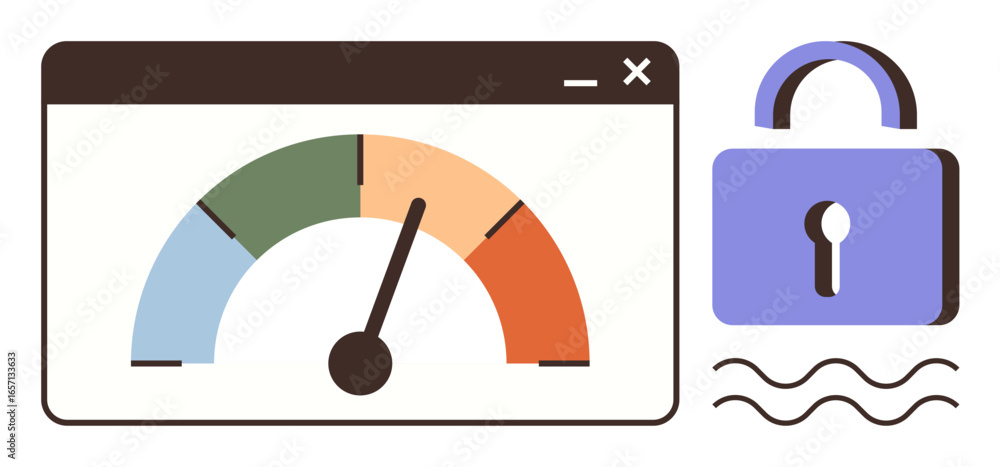 Poster colorful performance meter in a browser window with a padlock symbol signifying safety. ideal for se