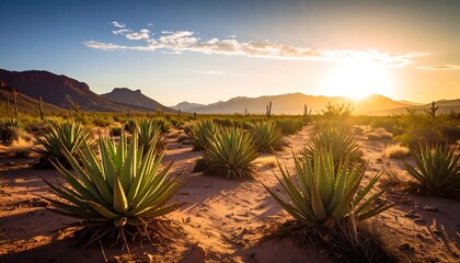 Agave plants in a desert landscape at sunrise