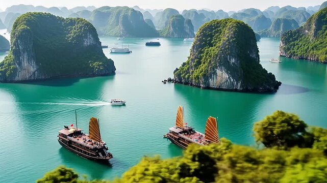 Aerial View Of Boats Sailing Through The Emerald Green Waters In Halong Bay Vietnam