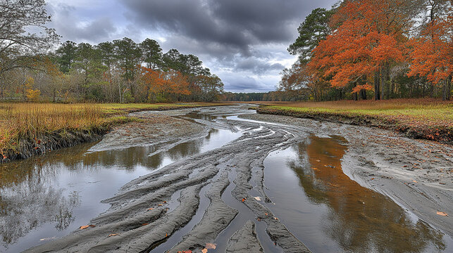 Autumnal creek winding through a marshland