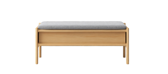 Light-brown wooden storage bench with light-gray seat