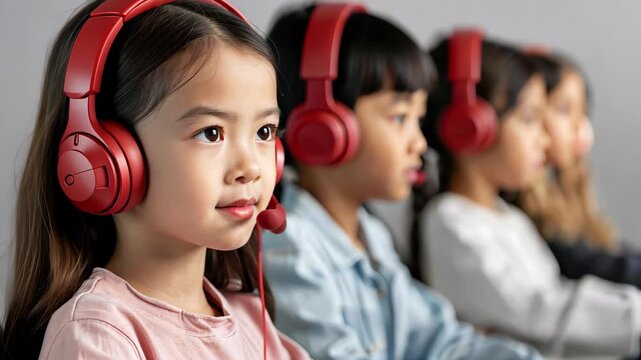 Listening and Learning: A row of children wearing red headphones and are fully concentrated on their auditory tasks, symbolizing a seamless blend of education, communication and youthful curiosity. 
