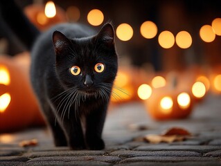 A black cat with orange eyes walking in front of pumpkins.