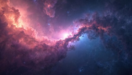 Fototapeta premium Vast cosmic nebula glows with vibrant pink, orange hues against deep blue space. Wisps of gas, dust swirl, revealing distant stars, sense of infinite wonder. Perfect for science, fantasy, abstract