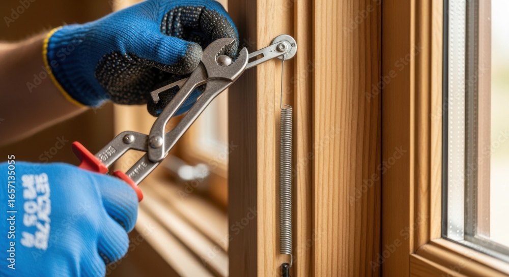 Poster worker installing a new spiral balance spring inside a wooden doublehung window sash using specializ