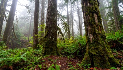 Lush forest floor, misty trees