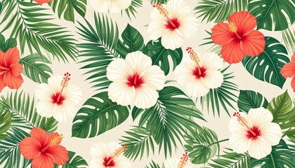 Tropical Hibiscus and Palm Leaves
