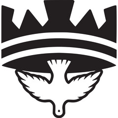 Illustration of a dove under a crown made of gears, isolated on white background