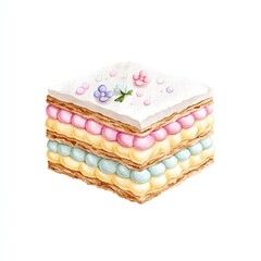 Pastel Layered Mille feuille Pastry with Floral Decorations