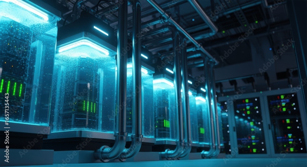 Poster view of modular immersion cooling tanks lined up in a futuristic data center environment highlightin