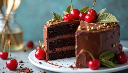 Indulge in this rich chocolate cake, perfectly layered with creamy frosting. Adorned with fresh cherries and golden leaf accents, it a luxurious dessert for any celebration or special occasion.