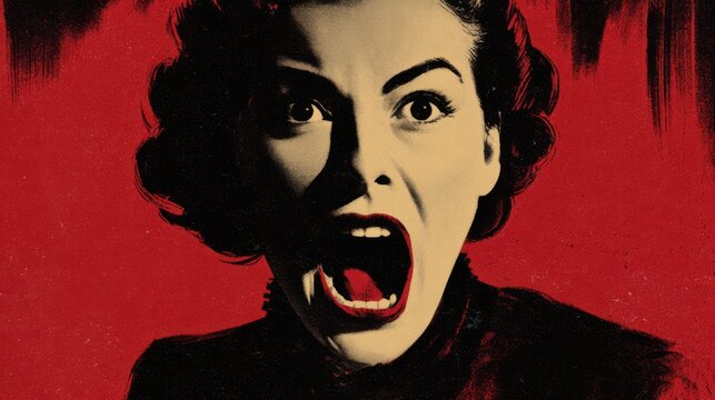 Classic pulp fiction style 1950s woman screaming in terror with red vintage horror poster aesthetic