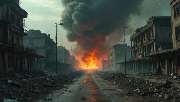 Post apocalyptic urban landscape destruction with fire, smoke engulfing abandoned buildings. Devastation, chaos, debris trash streets, creating dark, gloomy, eerie scene of city in crisis aftermath.