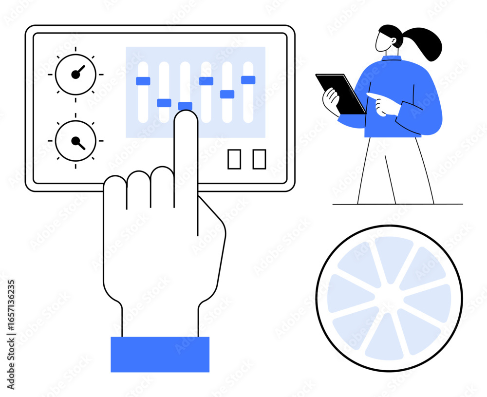 Poster hand interacting with control panel sliders and dials, person with tablet for analysis and abstract 