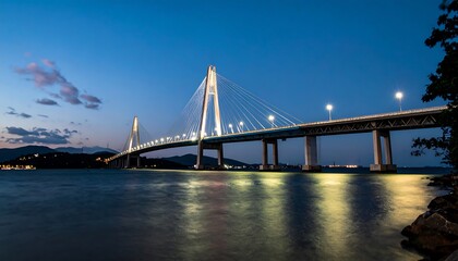 Fototapeta premium Illuminated cable-stayed bridge at twilight