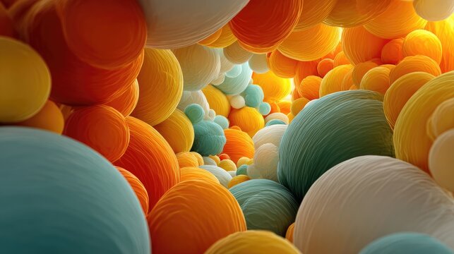 Abstract, colorful, textured spheres, tunnel effect