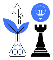 Test tube with plant and molecular pattern, arrows symbolize growth. Chess rook signifies strategy. Bulb suggests innovation. Ideal for sustainability, technology, business strategy, education
