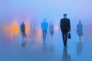 Fototapeta premium A group of people walking in a foggy city.