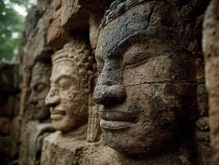 A group of stone faces on the side of a building.