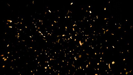 golden foil confetti pieces falling on black background. Festive celebration decoration for parties, events, holidays, birthdays, and New Year’s design - Powered by Adobe