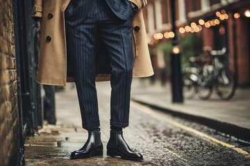 A fashionable man standing on a wet city street showcasing his stylish pinstripe suit and tan overcoat, with bokeh lights and bicycles in the background, modern urban style.