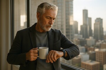 Confident mature businessman drinking coffee and checking smartwatch near office window with city view, concept of modern lifestyle and time management