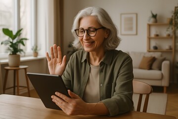 Smiling senior woman waving during video call on tablet, elderly person using technology to connect with family at home