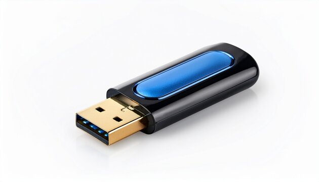 modern black usb dongle with a blue button and gold connector isolated on white background for technology and connectivity concepts