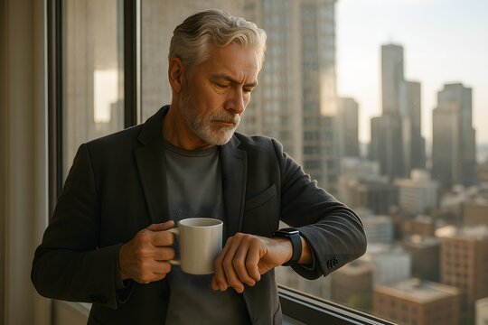 Confident mature businessman drinking coffee and checking smartwatch near office window with city view, concept of modern lifestyle and time management