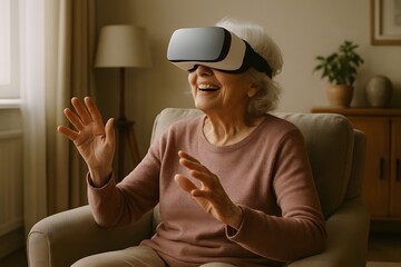 Smiling senior woman using virtual reality headset, enjoying immersive digital experience at home