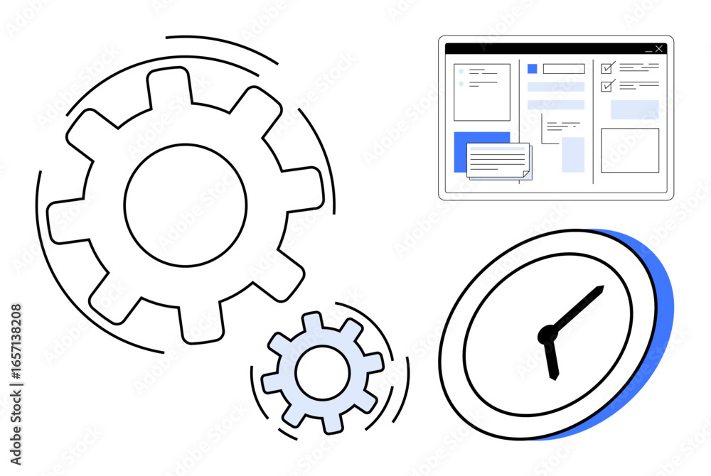 Poster gears in motion, clock face, and user interface page suggestive of efficiency, system optimization, 
