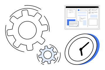 Gears in motion, clock face, and user interface page suggestive of efficiency, system optimization, and productivity. Ideal for time management, workflow, strategy, innovation business development