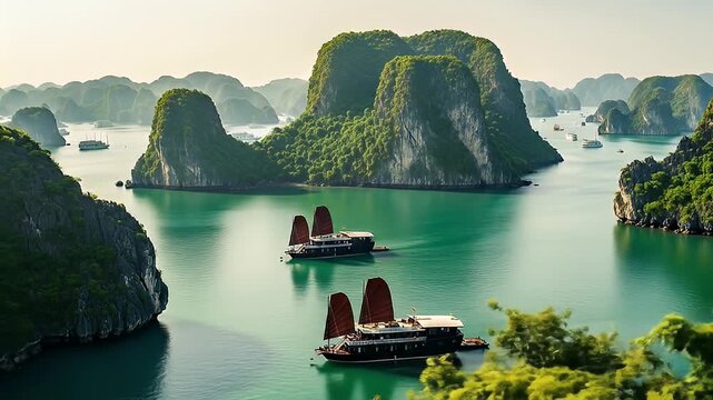 Halong Bay Vietnam Landscape with Turquoise Water Green Islands Limestone Cliffs and Cruise Ships Under a Bright Cloudy Sky