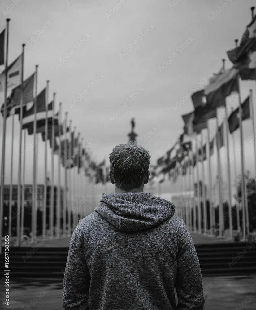 Poster a man standing in front of a row of flags.