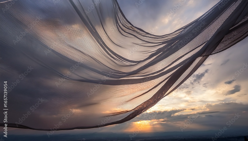 Wall mural flowing sheer fabric against a dramatic grey sky creating a dynamic and ethereal atmosphere for crea