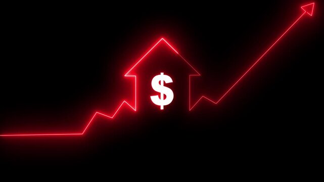 Glowing Red Neon Dollar Sign with Rising Arrow and Growth Chart Symbolizing Financial Success and Business Profit on Black Background.